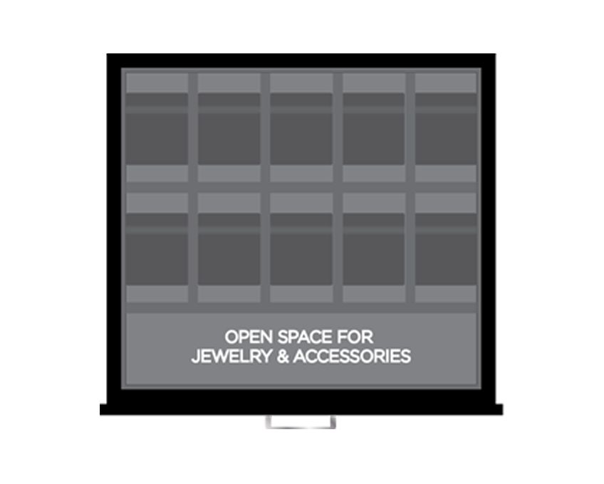 Wolf schematic design of a jewelry storage compartment with labeled open spaces for jewelry and accessories.