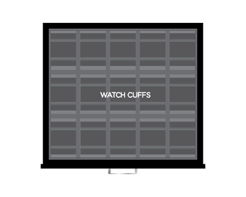 Gray compartmentalized display labeled 'WATCH CUFFS' in the center - Wonders of Luxury, WOLF.