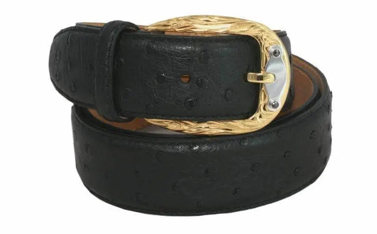 Ostrich leather belt with gold plated sterling silver buckle