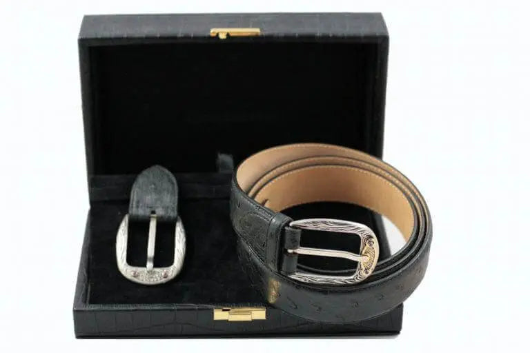 Black ostrich leather belt with buckle in gold or diamonds