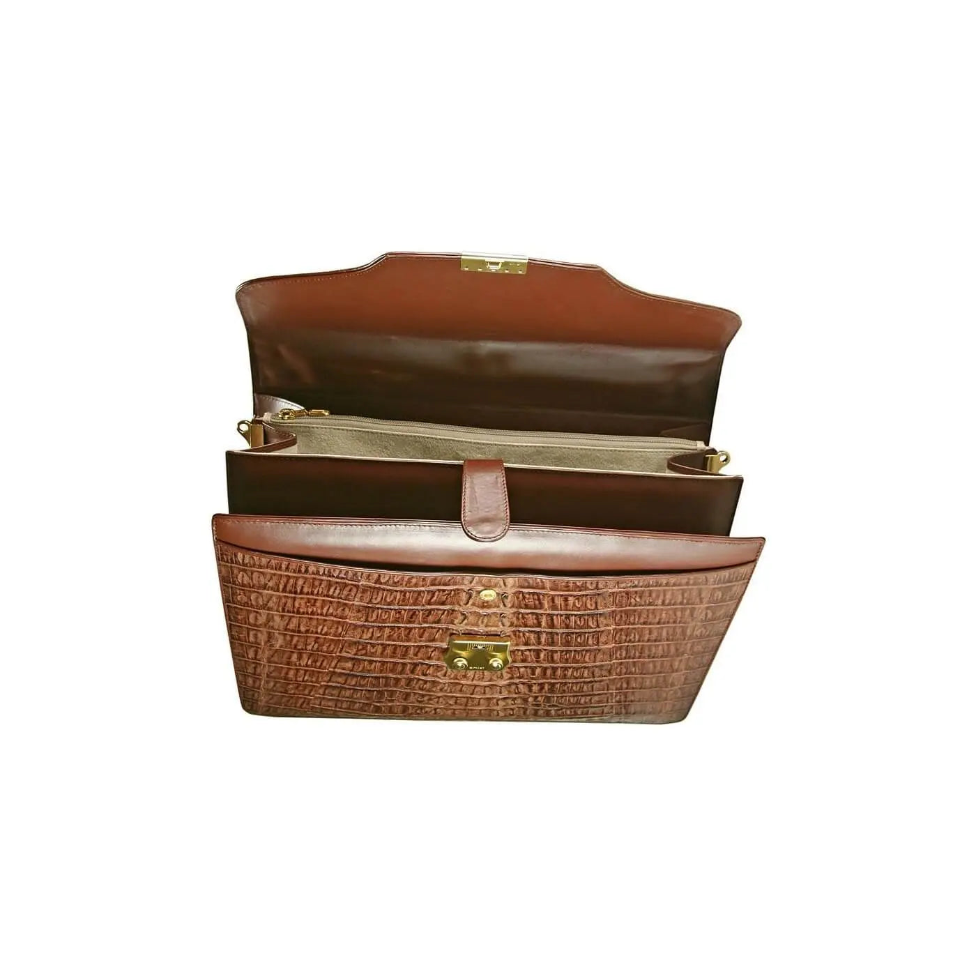 Inside View of Alligator brown leather briefcase by DeLeo One