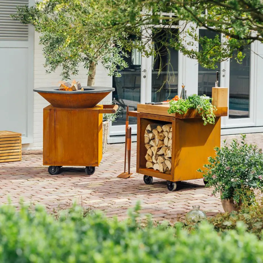 OFYR Grill Mise en Place Table Corten 65 PRO Teak Wood