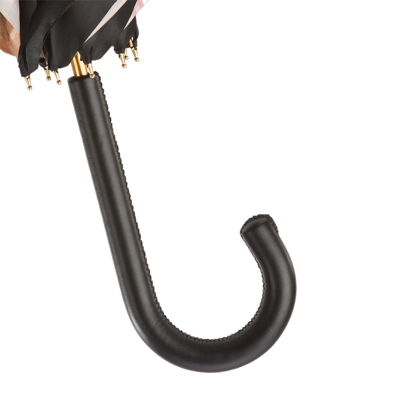 Tartan-Lined Black Umbrella with Leather Handle Double