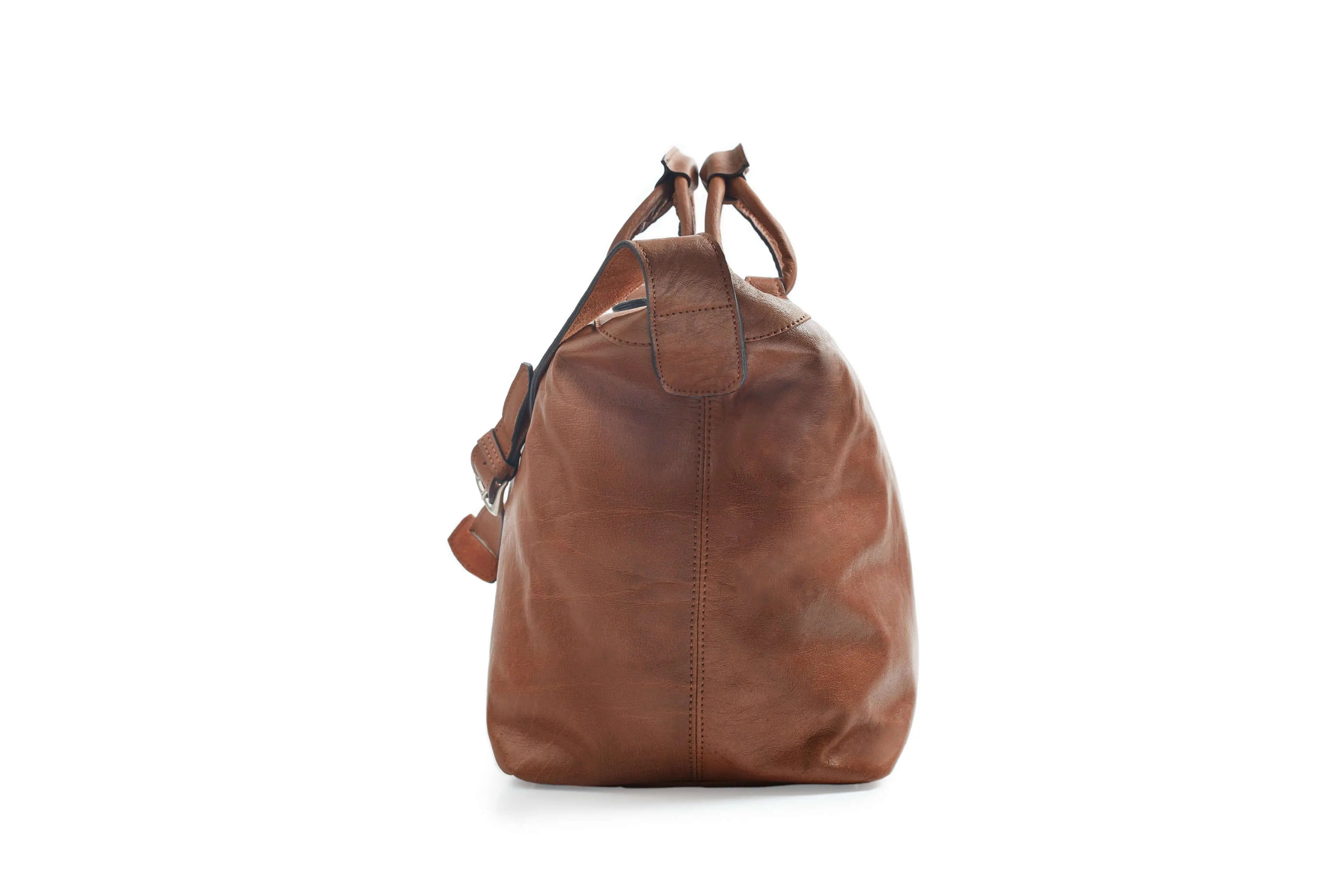 metal zipper and long handle bag with brown buffalo genuine leather. 