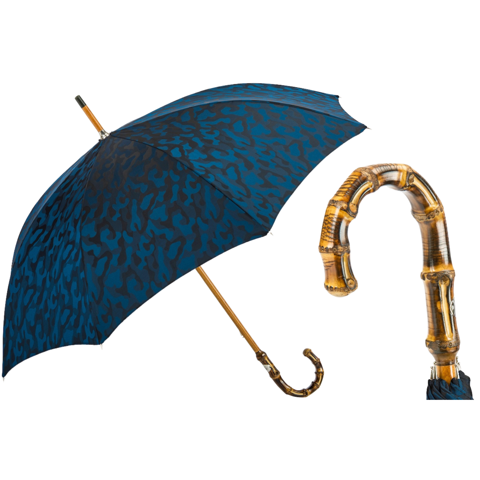 Marineblauwe camouflageparaplu met bamboe handvat - Paraplu