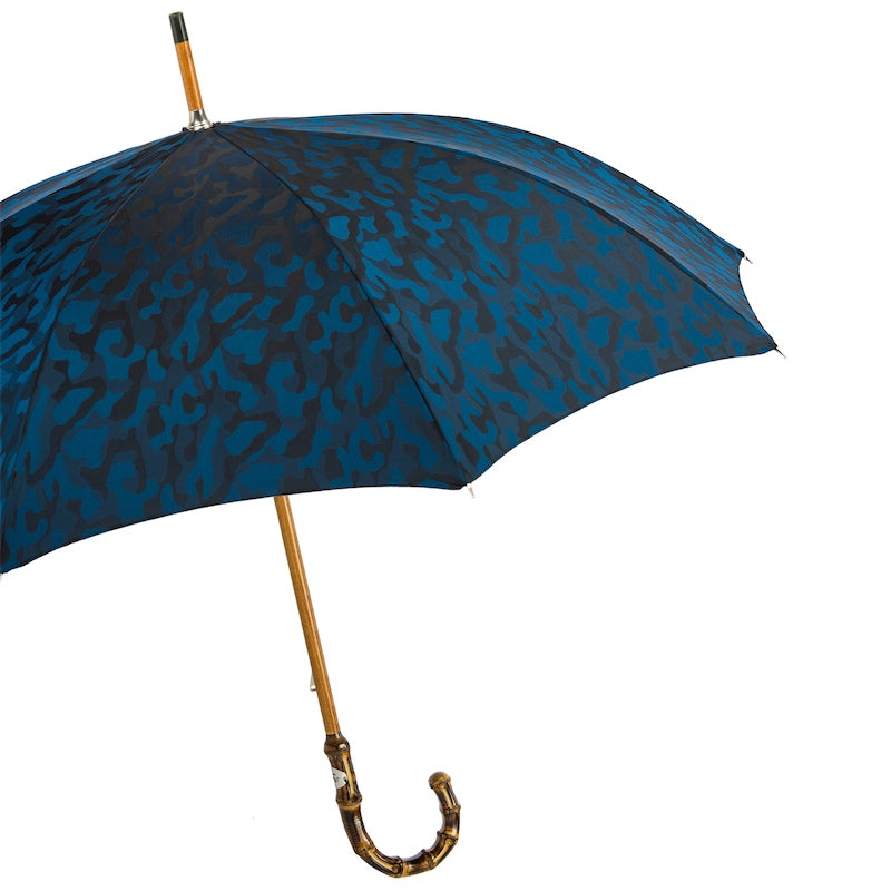 Marineblauwe camouflageparaplu met bamboe handvat - Paraplu