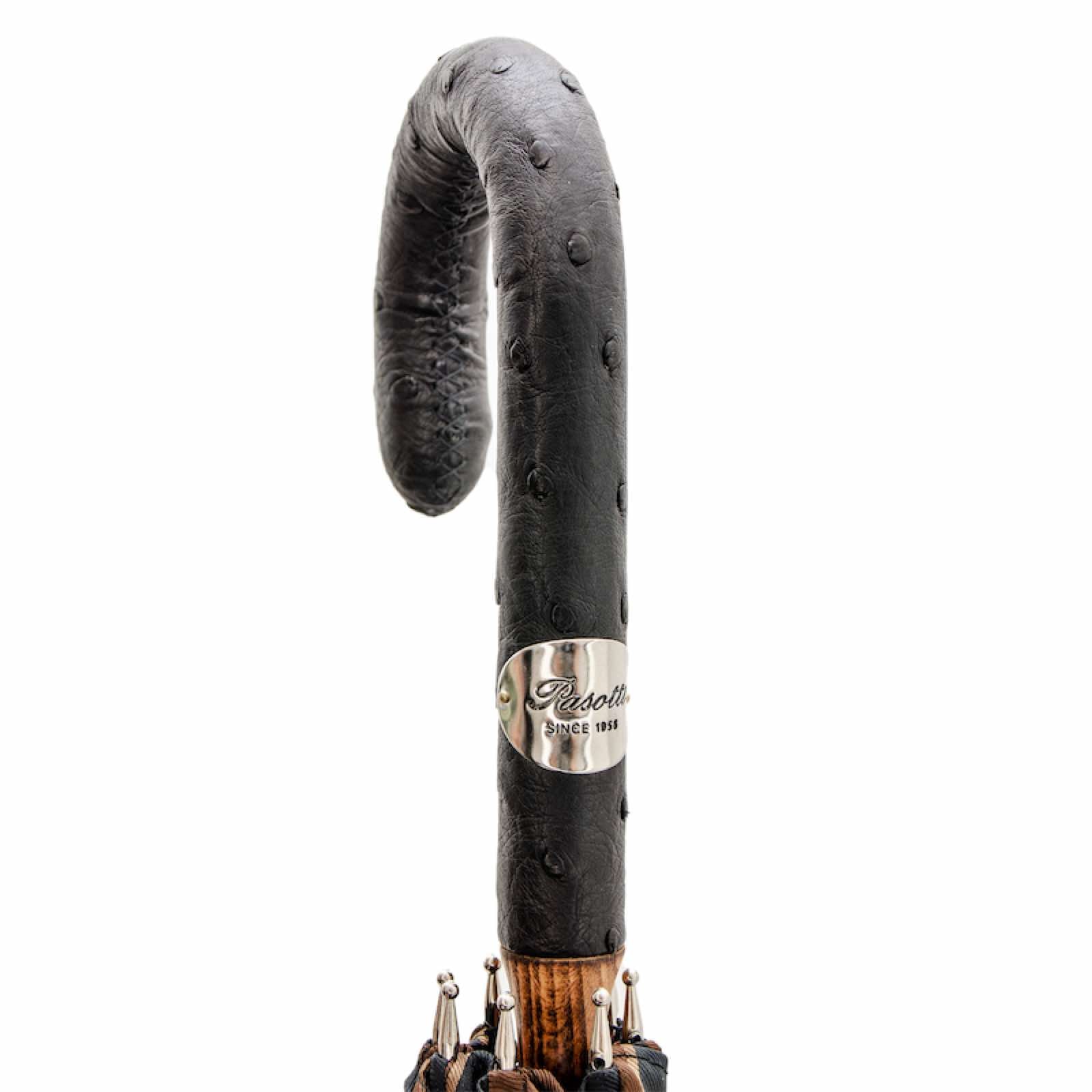 Grote gestreepte paraplu met handvat van struisvogelleer