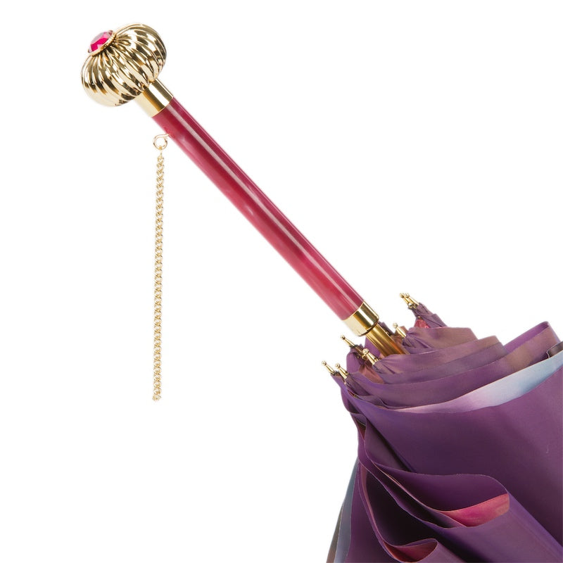 Paarse paraplu met rozenprint aan de binnenkant, dubbele stof