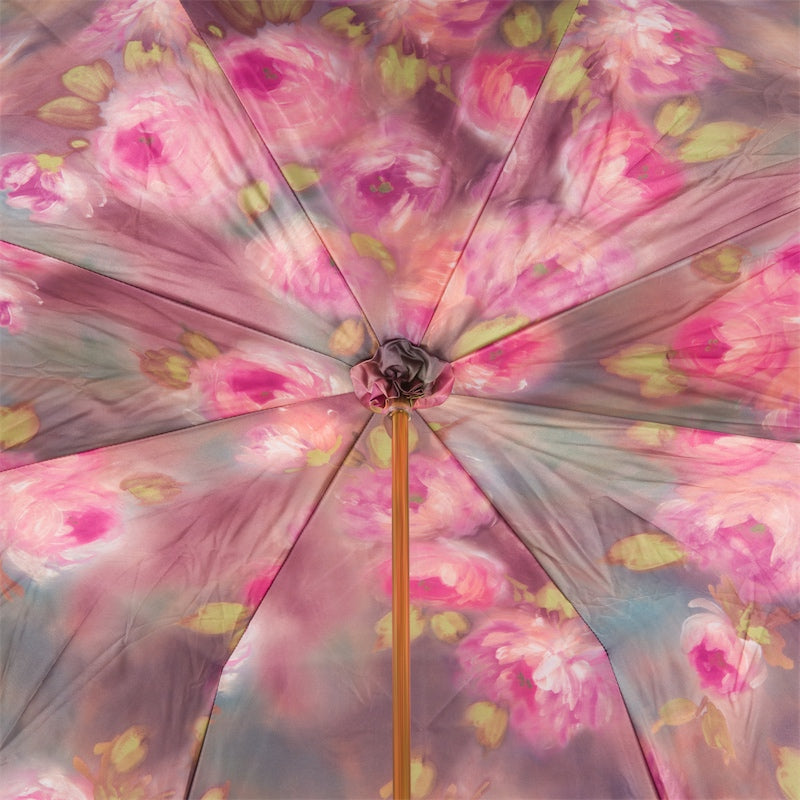 Paarse paraplu met rozenprint aan de binnenkant, dubbele stof