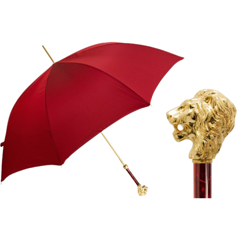 Red Umbrella with Gold Lion Handle with Case and Ring