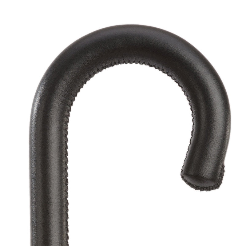 Zwarte paraplu met ruitmotief en leren handvat, dubbel