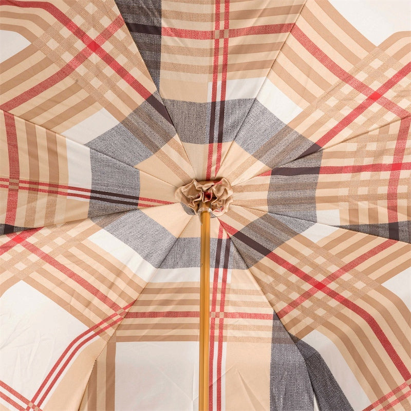 Zwarte paraplu met ruitmotief en leren handvat, dubbel