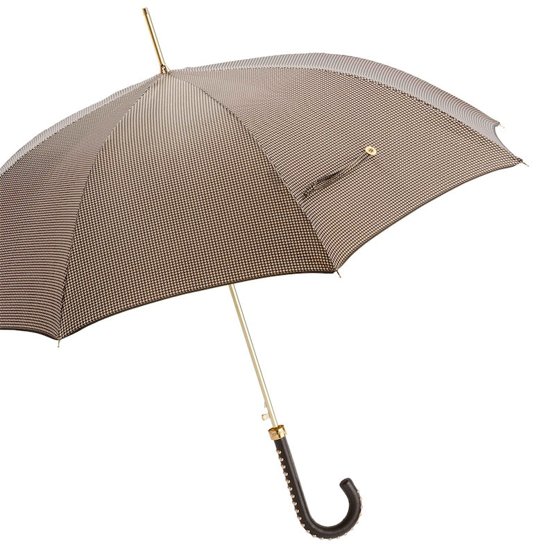 Pied de Poule Paraplu met Studs Leren Handvat