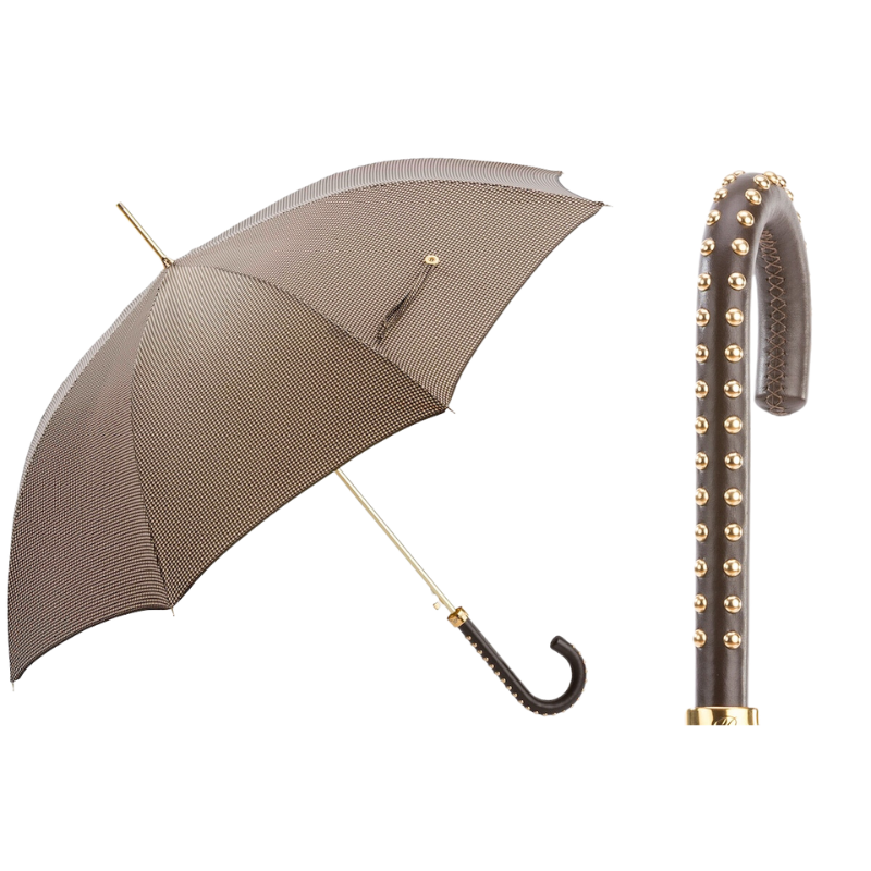 Pied de Poule Paraplu met Studs Leren Handvat
