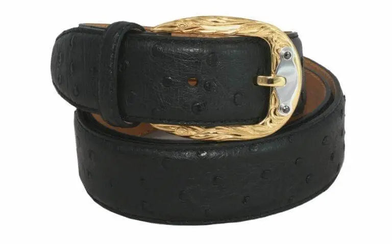Ostrich leather belt with gold plated sterling silver buckle 