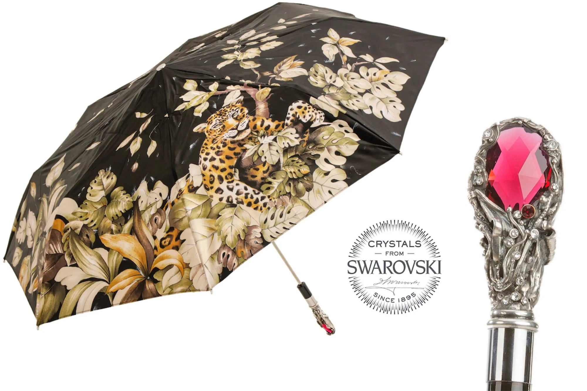Umbrella Leopard Folding with red gem and crystals handles