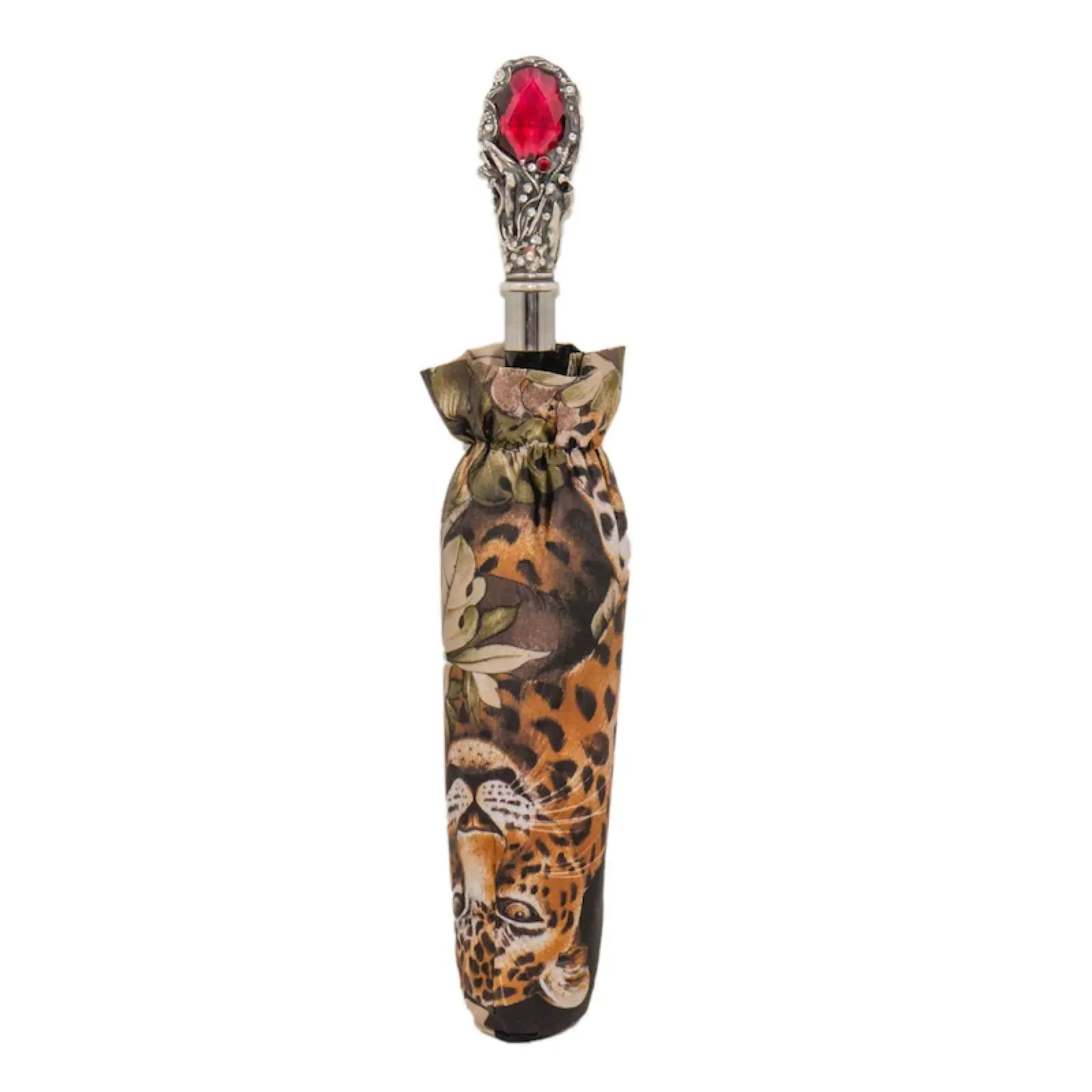 Umbrella Leopard Folding with red gem and crystals handles