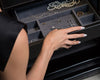 Elegant Wolf Safe drawer open, showcasing luxury jewelry including pearls, necklaces, and rings