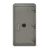 A modern safe with a digital keypad lock and a handle. The grey finish and sturdy design emphasize security and protection.