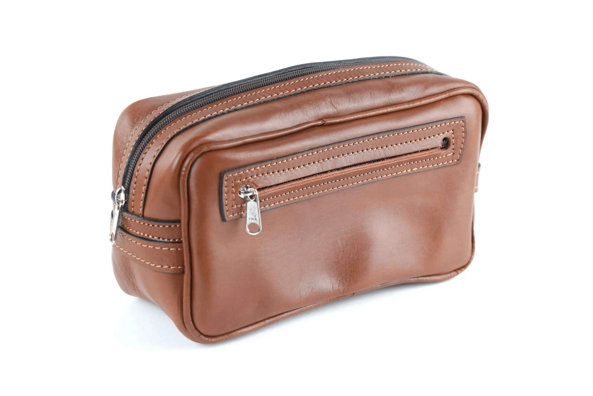 Pouch bag with genuine brown leather